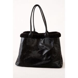 Laura Di Maggio Italy Patent Leather Shearling Trim Tote Black Crinkled Bag